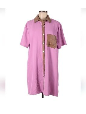 entro Pink Short Sleeve Button-Down Dress with Brown Trim